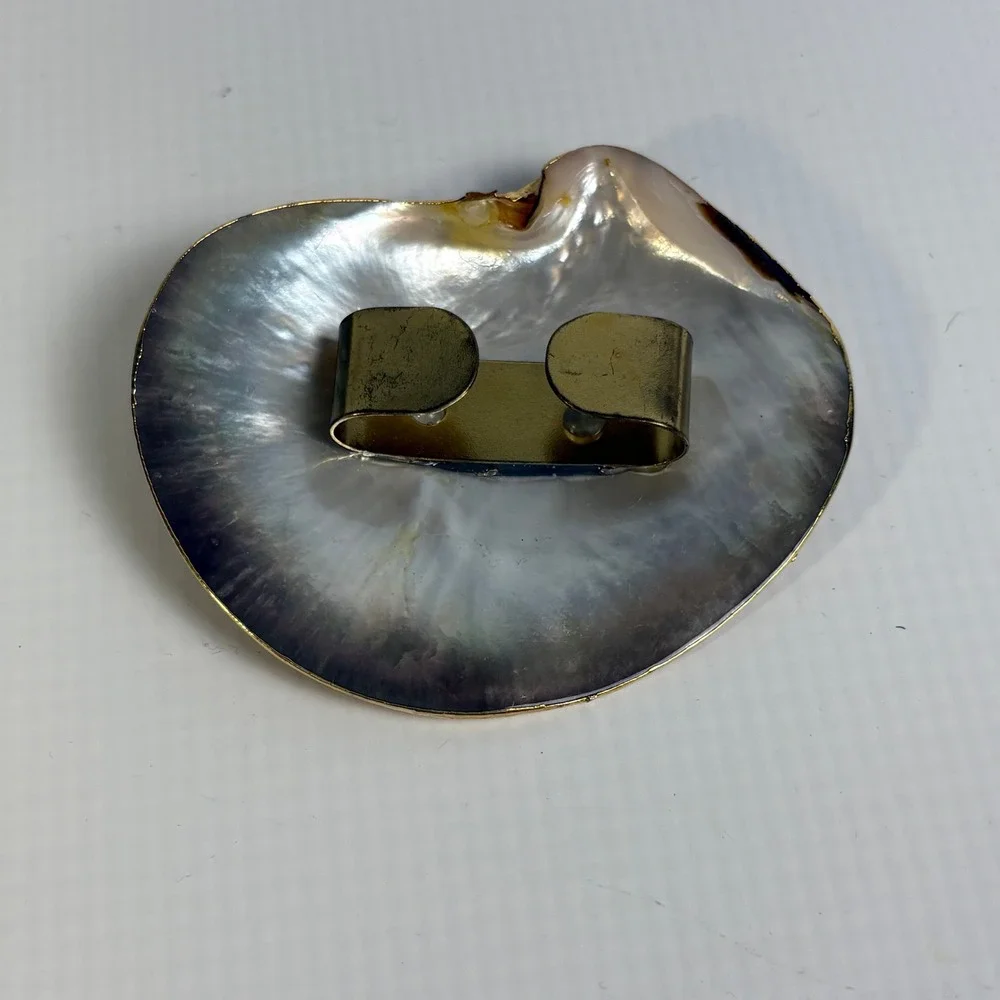 Vintage Iridescent Shell Scarf Slide Gold Tone Trim Clam Shell Belt Buckle 3.25